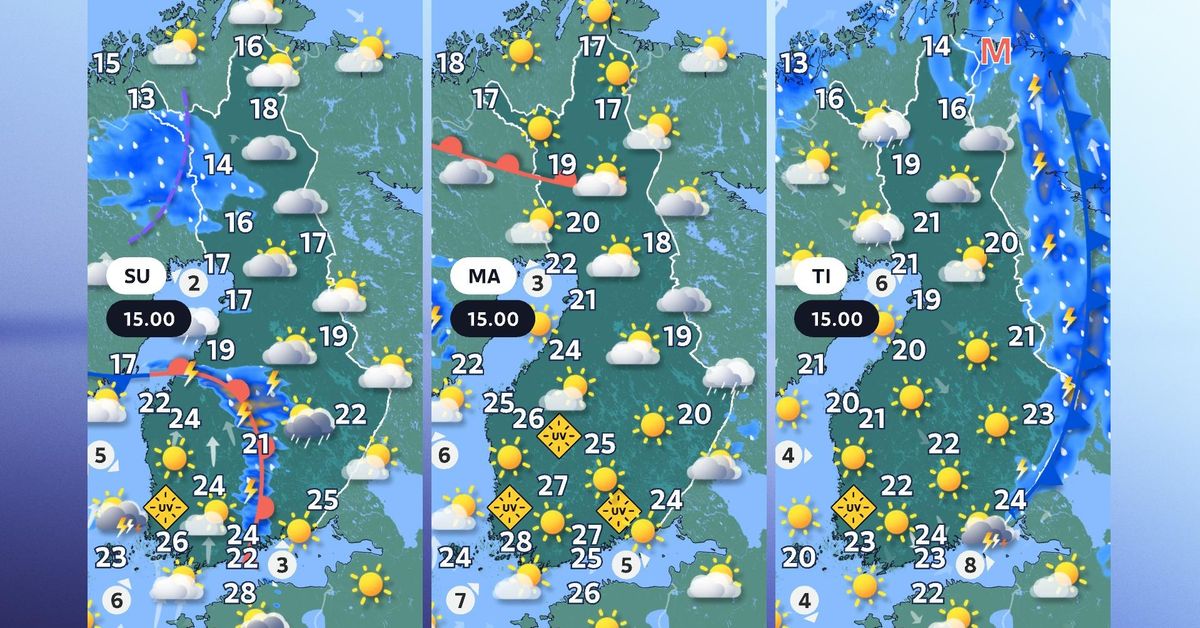 Ukkonen rytisee sunnuntaina – sade voi olla paikoin rankkaa